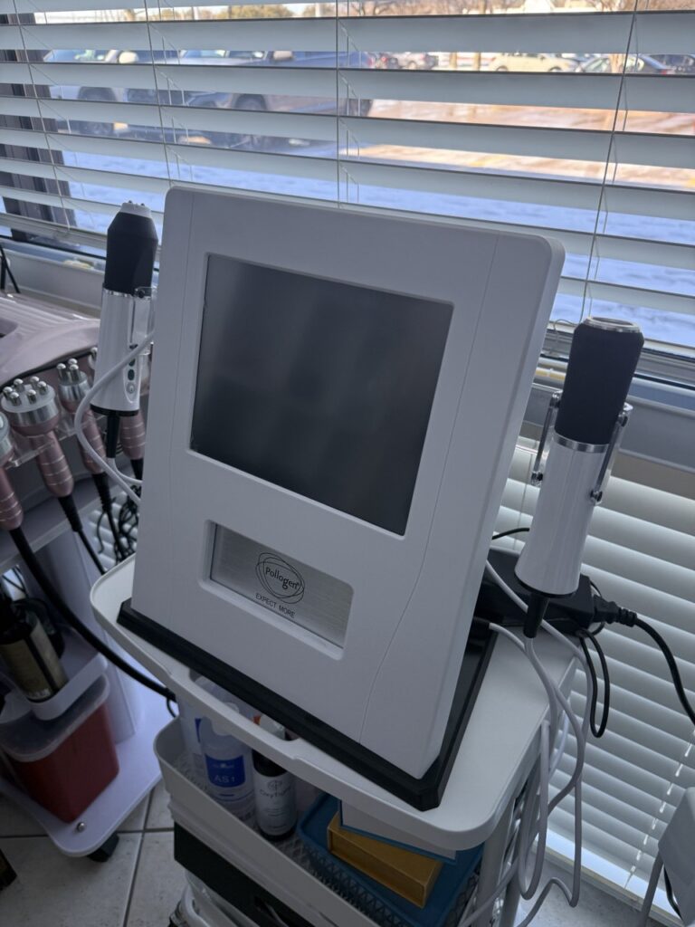 Oxygeno facial device: A professional Oxygeno facial device used during treatment for skin rejuvenation.  
